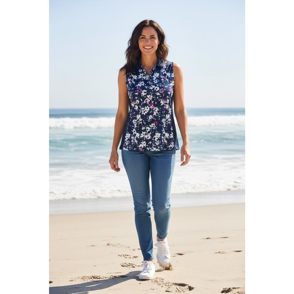 Lady Hagen Polo Shirt Womens XL Blue Floral Sleeveless Collared Golf Active Top